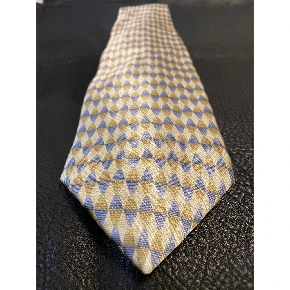 Mens Stanford Geometric Golden Tan Blue Neck Silk Tie 58